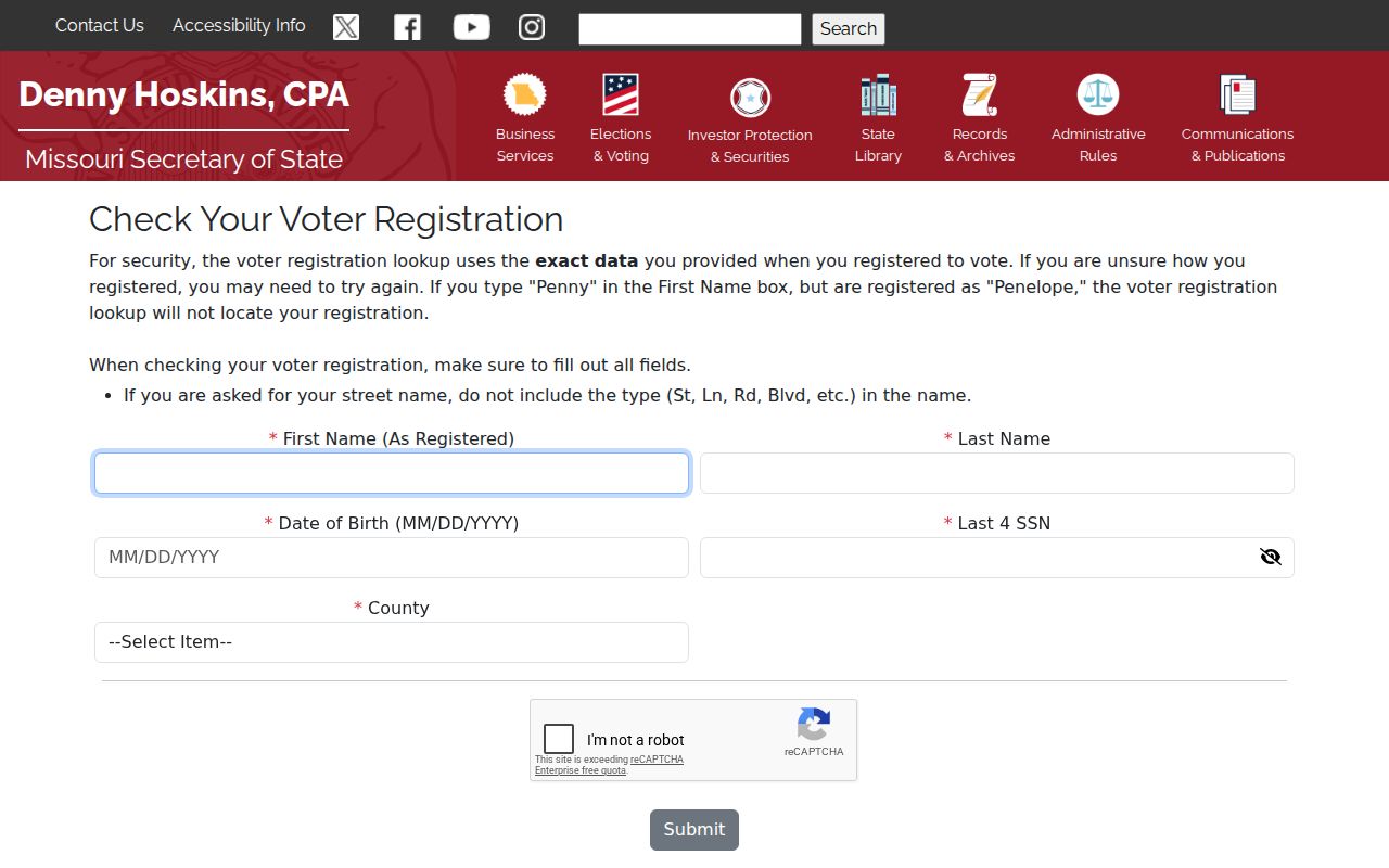 Belton resident lookup Missouri voter exact-match fields