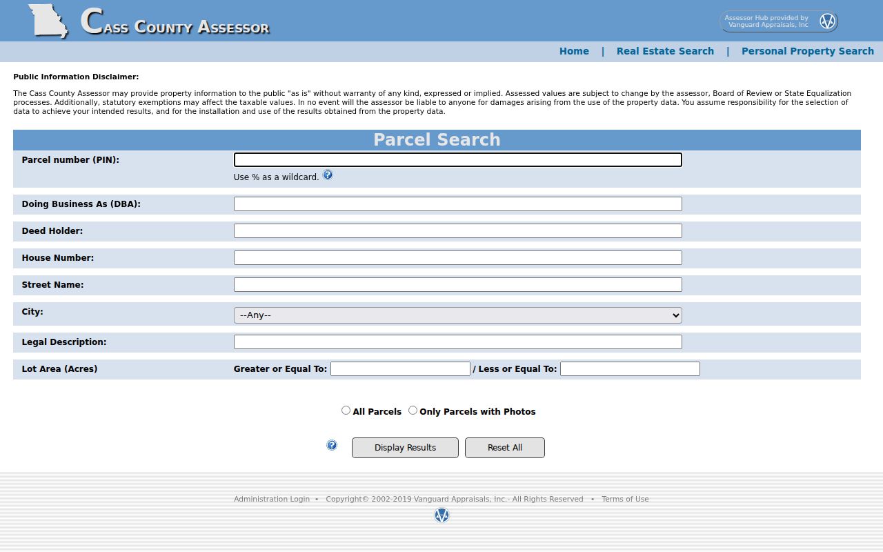Belton street directory Cass County Assessor search fields for parcel and address records